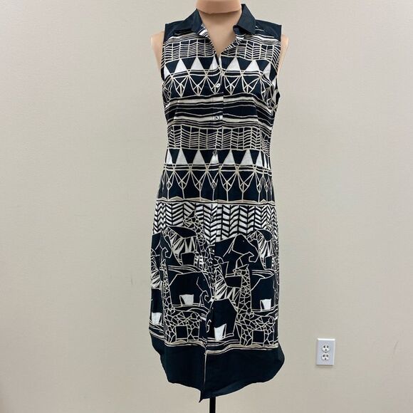 Zozo black and white safari‎ tribal print button front sleeveless shirt dress - Picture 1 of 9